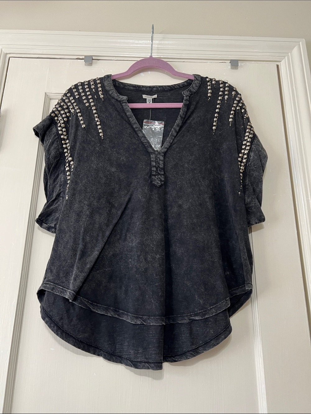 Ecote Washed Black Stud-Shoulder Short Sleeve Tee